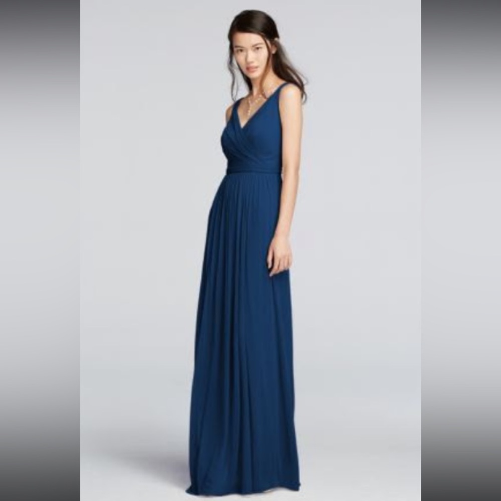 David's Bridal Dresses | Long Mesh Sleeveless Dress with Ruched Waist Style